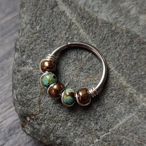 Turquoise Nose Ring, Glass Beads Cartilage or Nostril Piercing, Handmade Bohemian Body Jewelry