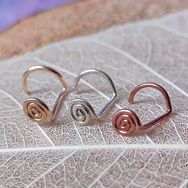 Spiral Nose Stud, Sterling Silver or Copper Swirl Nostril Piercing, Handmade Unique Bohemian Body Jewelry