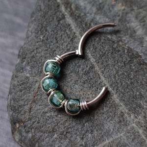 18g Septum Clicker with Ocean Blue Glass Beads, 316 Surgical Steel Hinged Cartilage Piercing Jewelry, Unique Beach Lover Body Jewelry