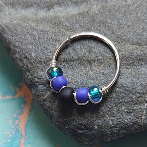 Blue and Black Teardrop Beaded Septum Ring, 316 Surgical Steel Cartilage or Nose Piercing, Handmade Boho Body Jewelry