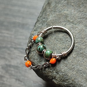 Turquoise and Orange Piercing Ring, Handmade Surgical Steel Cartilage or Septum Hoop, Alternative Colorful Body Jewelry