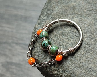 Turquoise and Orange Piercing Ring, Handmade Surgical Steel Cartilage or Septum Hoop, Alternative Colorful Body Jewelry