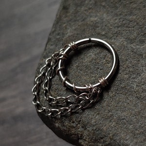 Double Chain Piercing Ring, Handmade Surgical Steel Cartilage or Septum Hoop, Alternative Gothic Body Jewelry