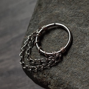 Double Chain Piercing Ring, Handmade Surgical Steel Cartilage or Septum Hoop, Alternative Gothic Body Jewelry