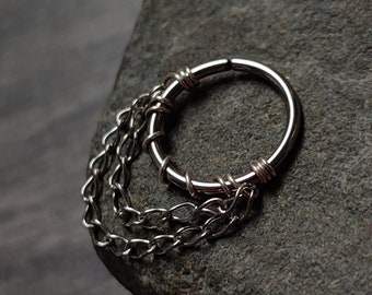 Double Chain Piercing Ring, Handmade Surgical Steel Cartilage or Septum Hoop, Alternative Gothic Body Jewelry