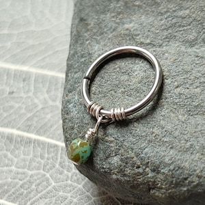 Green Charm Piercing Ring, Czech Glass Bead Handmade Body Jewelry, Sterling Silver or Surgical Steel