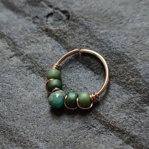 Green Triangle Septum Ring, Gold Filled Wire Wrapped Cartilage or Nose Piercing, Handmade Boho Body Jewelry