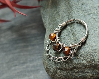 Tiger Eye Chain Piercing Ring, Handmade Cartilage, Helix or Septum Ring, Made to Order Sterling Silver, 316 Surgical Steel, 14k Gold Filled