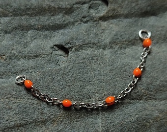 Stainless Piercing Chain, Dainty Silver and Orange Enamel Nose, Industrial, Conch or Bridge Chain, Alternative Neon Rave Jewelry