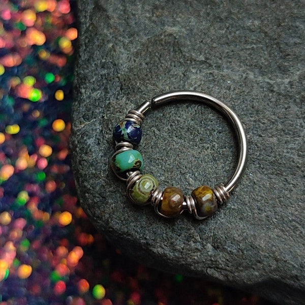 Earth Tones Boho Beaded Nose Ring, 316 Surgical Steel Wire Wrapped Cartilage or Septum Piercing, Handmade Body Jewelry