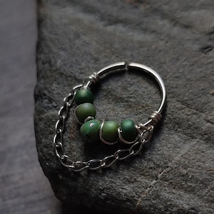 Green Beads Chain Hoop, Handmade Piercing Ring for Helix or Septum, Sterling Silver, Surgical Steel or 14k Gold Filled