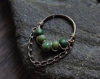 Green Beads Chain Hoop, Handmade Piercing Ring for Helix or Septum, Sterling Silver, Surgical Steel or 14k Gold Filled