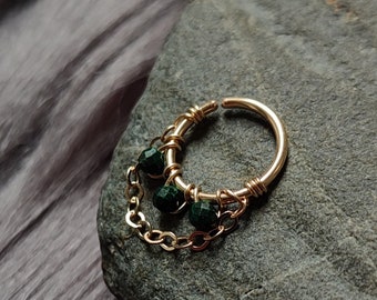 Malachite Chain Helix Ring, 14k Gold Filled Handmade Wire Wrapped Jewelry for Nipple or Septum Piercing