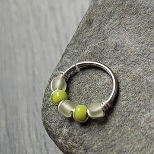 Lime Green Nose Ring, 316 Surgical Steel Cartilage or Septum Piercing with Beads, Handmade Summer Body Jewelry