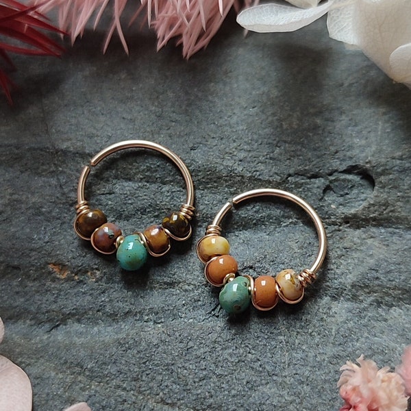 Boho Turquoise Septum Ring, 14k Gold Filled Helix or Nostril Piercing, Handmade Bohemian Summer Beach Body Jewelry