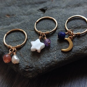 Charm Helix Ring, 14k Gold Filled Piercing Ring with Customizable Dangle Charms, Handmade Gemstone Cartilage Jewelry, Earrings for Tunnels