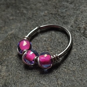 Pink Piercing Ring, 316 Surgical Steel Wire Wrapped Cartilage or Septum Piercing, Handmade Rave Festival Body Jewelry