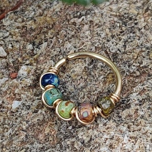 Earth Tones Septum Ring, 14k Gold Filled Wire Wrapped Cartilage or Nostril Piercing, Handmade Beaded Boho Body Jewelry