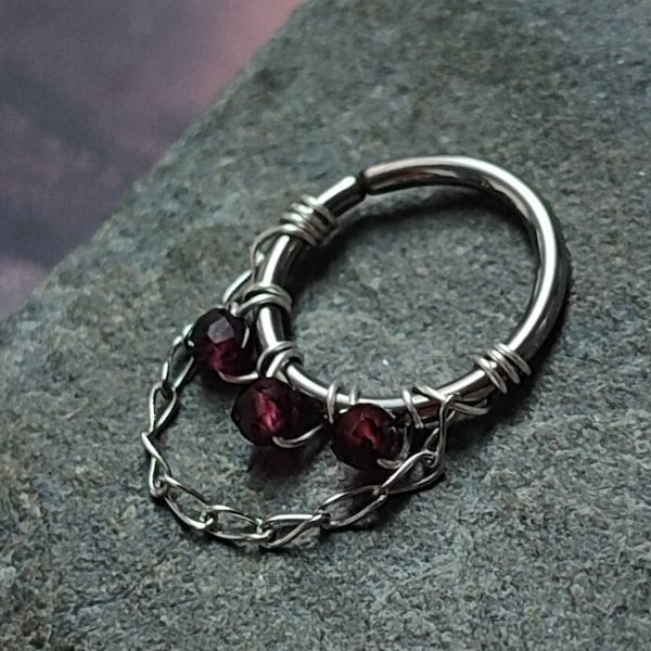 Garnet Chain Septum Ring in 316 Surgical Steel, Handmade Gothic Witchy Piercing Jewelry for Helix, Tragus or Conch