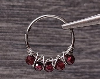 Garnet Septum Ring, Handmade Unique Piercing Jewelry, Earring for Helix or Tragus, Gothic Witchy Piercing Hoop