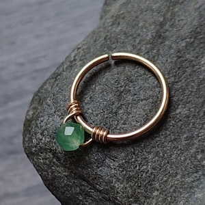 Septum Ring with Aventurine Bead, Handmade Green Gemstone Cartilage, Daith, Tragus or Nipple Piercing in 14k Gold Filled