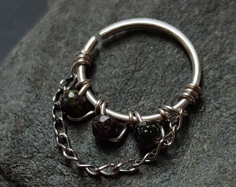 Dragon Blood Jasper Chain Hoop, Cartilage Ring with Gemstones, Handmade Septum or Nose Piercing, Sterling Silver, Surgical Steel or Gold