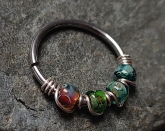 Beaded Nose Ring, 925 Sterling Silver or 316 Surgical Steel Helix or Septum Piercing with Natural Tones Glass Beads