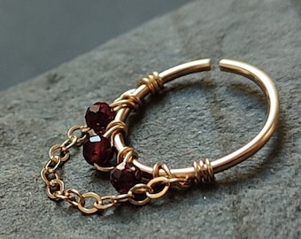 14k Gold Filled Garnet Chain Septum Ring, Unique Handmade Piercing Ring for Helix, Tragus, Conch, Nose or Nipple