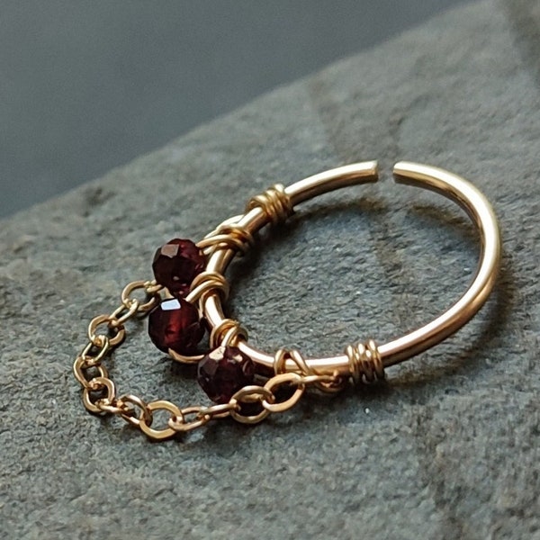 14k Gold Filled Garnet Chain Septum Ring, Unique Handmade Piercing Ring for Helix, Tragus, Conch, Nose or Nipple