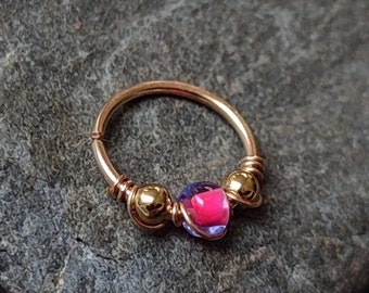 Pink Nose Ring, Gold Filled Snug Cartilage or Septum/Nostril Piercing Hoop, Handmade Rave Festival Body Jewelry