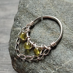 Peridot Chain Hoop, Gemstone Piercing Ring for Helix or Septum, Sterling Silver, Surgical Steel or 14k Gold Filled