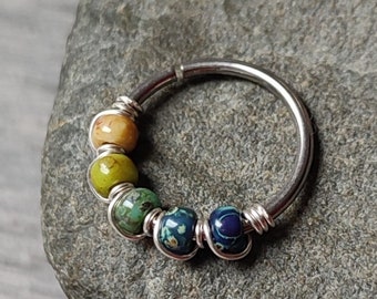 Natural Rainbow Boho Nose Ring, 316 Surgical Steel Wire Wrapped Cartilage or Septum Piercing, Handmade Body Jewelry