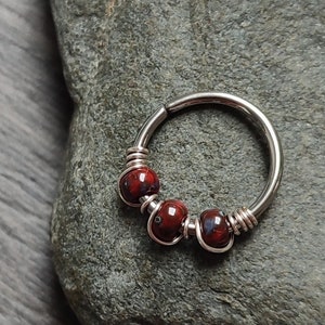 Red Beads Nose Ring, 316 Surgical Steel or Sterling Silver Wire Wrapped Helix or Tragus Piercing, Handmade Colorful Body Jewelry