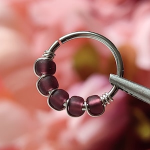 Burgundy Beaded Nose Ring, 316 Surgical Steel Wire Wrapped Cartilage or Septum Piercing, Handmade Wine Red Bohemian Body Jewelry