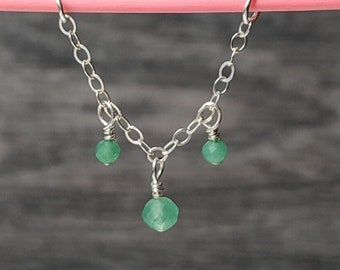 Triple Gemstone Piercing Chain in 925 Sterling Silver, Industrial, Helix or Conch Chain, Green Aventurine Cottagecore Jewelry