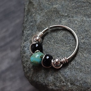 Turquoise and Black Helix Ring, 316 Surgical Steel Cartilage or Nose Piercing, Handmade Body Jewelry