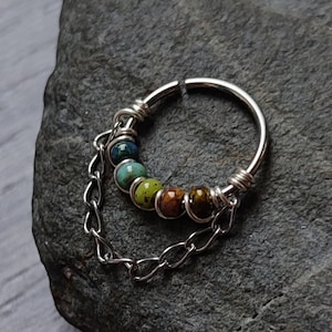 Boho Mini Beaded Piercing Ring with Chain, 316 Surgical Steel Wire Wrapped Cartilage or Septum Piercing, Handmade Body Jewelry
