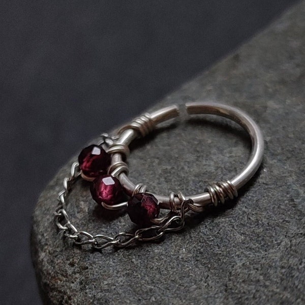 Garnet Chain Helix Ring, Handmade Unique Piercing Jewelry, Gothic Witchy Piercing Hoop