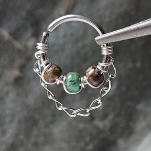 Earth Tones Septum Ring, Green and Brown Beads Nostril, Helix or Tragus Piercing Hoop, Handmade Body Jewelry for Forest Lover