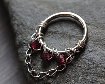 Septum Clicker with Chain and Garnet Beads in 316 Surgical Steel, Handmade Gothic Alternative Piercing Jewelry