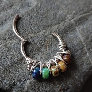 16g Septum Clicker in Boho Earth Tones, 16 Gauge Surgical Steel Hinged Cartilage Ring, Unique Handmade Body Piercing Jewelry