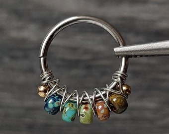 Boho Earth Tones Septum Ring, 316 Surgical Steel Wire Wrapped Cartilage or Conch Piercing, Handmade Maximalist Body Jewelry