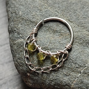 Peridot Chain Hoop, Gemstone Piercing Ring for Helix or Septum, Sterling Silver, Surgical Steel or 14k Gold Filled