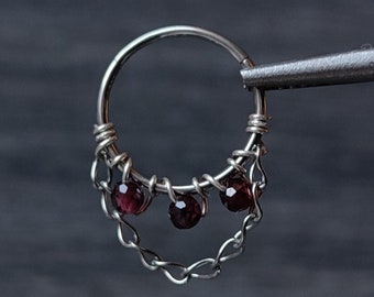 Septum Clicker with Garnet Beads and Chain in 316 Surgical Steel, Unique Gothic Witchy Piercing Jewelry