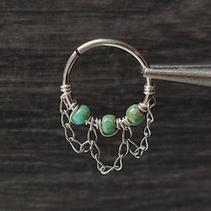 Triple Chain Helix Ring, Handmade Cartilage or Nostril Piercing Hoop, Picasso Turquoise Beads