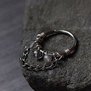 Labradorite Chain Hoop, Piercing Ring for Conch,  Helix or Septum, Handmade Gemstone Dangle Nose Ring