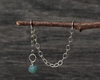 Gemstone Industrial Piercing Chain, Blue Aquamarine Conch or Helix Jewelry in 925 Sterling Silver, Alternative Jewelry