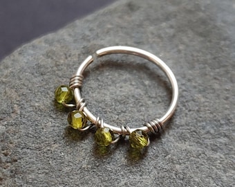 Peridot Cartilage Hoop, Sterling Silver Wire Wrapped Gemstone Piercing Ring for Helix, Daith, Tragus or Conch