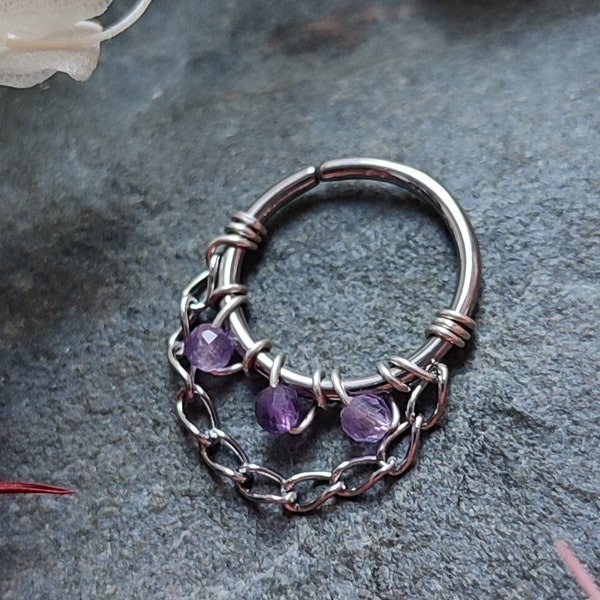 Amethyst Chain Piercing Ring, Handmade Gemstone Cartilage/Septum Hoop, 316 Surgical Steel or 14k Gold Filled