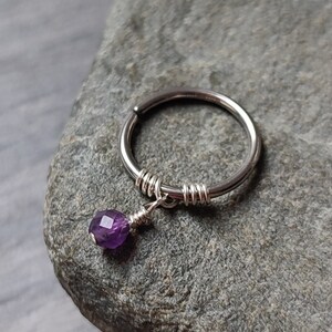 Amethyst Charm Helix Hoop, Purple Gemstone Bead Handmade Piercing Jewelry, Sterling Silver or Surgical Steel